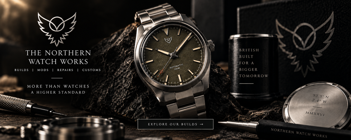 Northern Watch Works custom watch workshop hero featuring olive dial watch